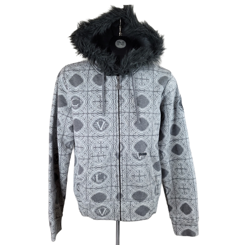 VOLCOM Hoodie Grey Zip Up Faux Fur Size Large